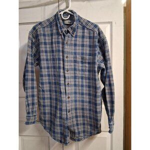 L.L. Bean Mens Large Regular Blue & Tan Plaid Button-Up Shirt 100% Cotton Casual